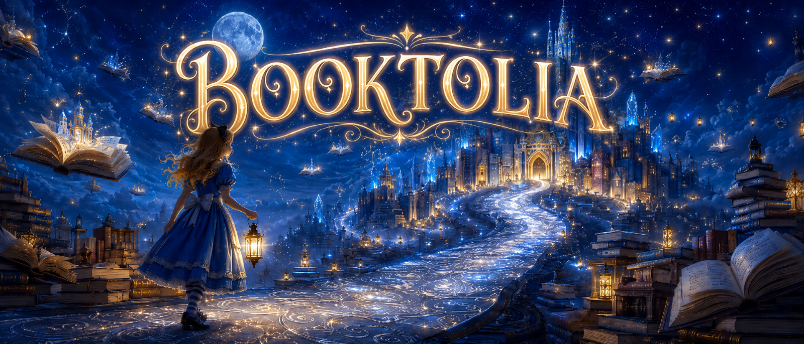 Fantasy scene with 'Booktolia' title, girl in blue dress, and glowing books.