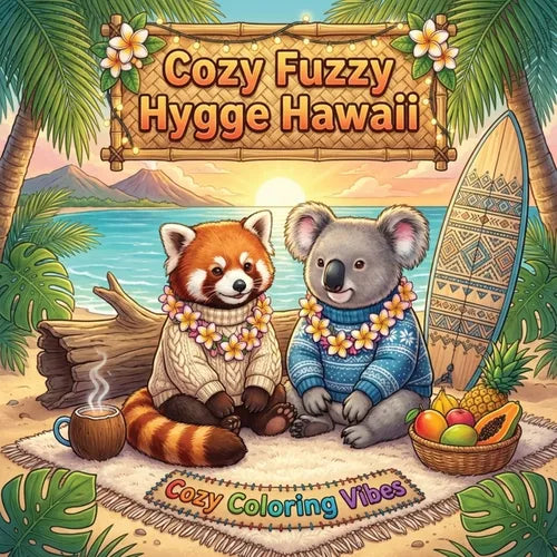 Cozy Fuzzy Hygge Hawaii: Easy Bold Line Coloring Book Tropical Island Serenity, Luau Nights, Palm Tree Breezes, Beach Bungalows & Plush Animal Paradis