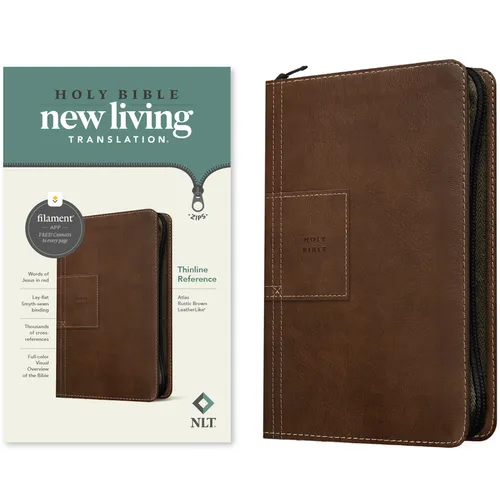 NLT Thinline Reference Zipper Bible, Filament Enabled (Leatherlike, Atlas Rustic Brown, Red Letter)